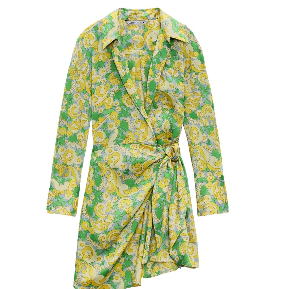 Zara Green and Yellow Printed Wrap Dress
